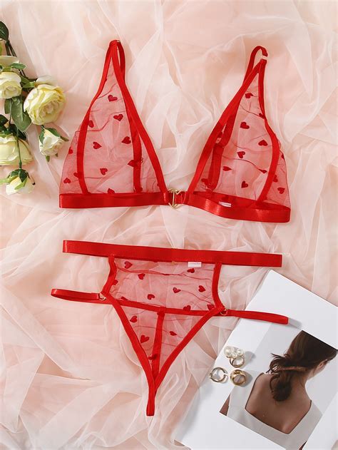 Heart Pattern Mesh Cut Out Lingerie Set