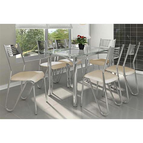 Sala de Jantar Completa Elba c Tampo Vidro cm Cadeiras Nápoles Cromado Courano Nude