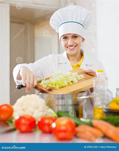 Happy Cook Woman Cooking Vegetarian Dinner Stock Photo Image Of