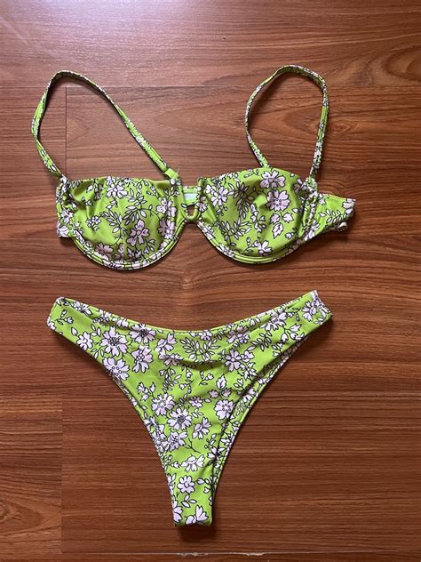 Green Floral Bikini Set Women S Fashion Swimwear Bikinis Swimsuits On Carousell