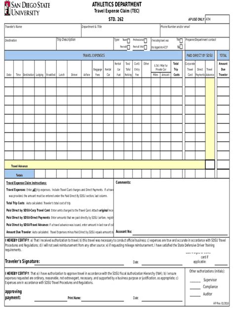 Fillable Online Bfa Sdsu SDSU Athletics Department Travel Expense Claim