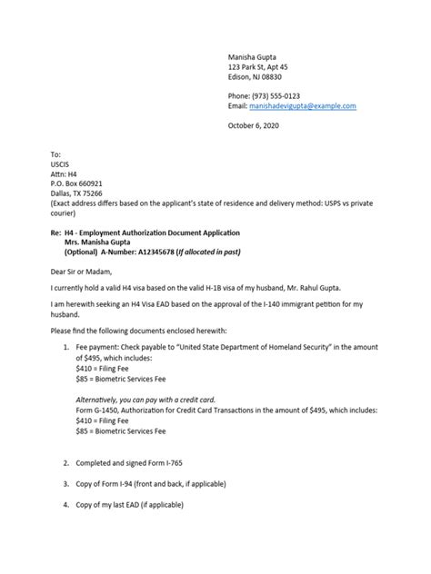 Sample H4 Visa Ead Cover Letter Pdf