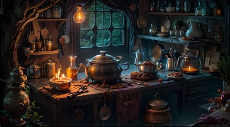 Beautifully Detailed Witchs Kitchen With Dim Lighting Deep In The
