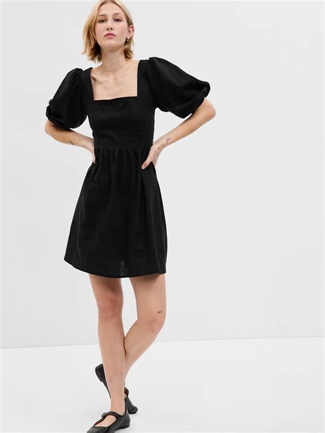 Gap Linen Blend Puff Sleeve Mini Dress In Black Modesens