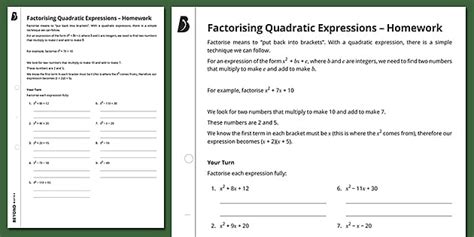 👉 Factorising Quadratic Expressions Homework Ks4 Maths