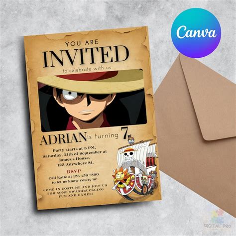 One Piece Invitation For One Piece Birthday Party Invite For Luffy