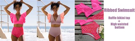 Amazon Sporlike Women Ruffle High Waist Swimsuit Two Pieces Push Up Tropical Print Bikini
