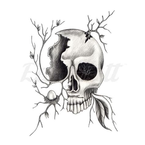 Cracked Skull With Leaves Temporary Tattoo Skull Tattoo Drawings