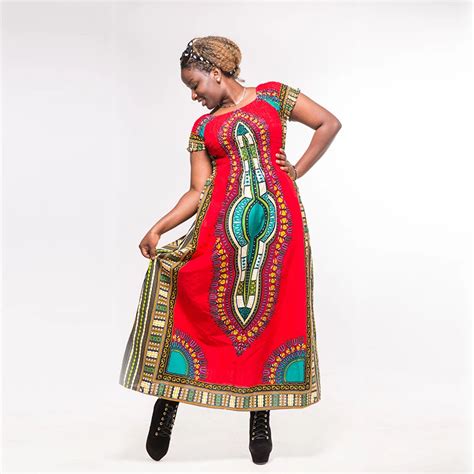 Red Cotton Dashiki Dress African Women Print Long Dresses Autumn Ropa