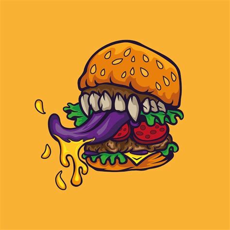 Premium Vector Monster Burger With Teeth And Mustard