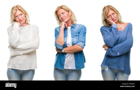 Collage Of Beautiful Middle Age Blonde Woman Over White Isolated Backgroud Thinking Looking