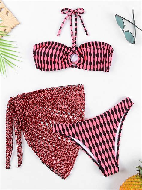 3 Pieces Triangle Halter String Ring Link Bikini Beach Skirt Swimsuit Women Swimwear Female
