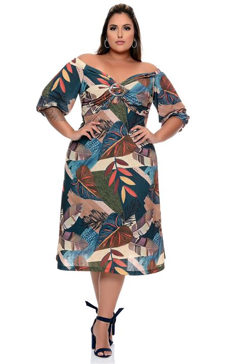 Vestido Plus Size Estampado Ombro A Ombro Estampado Vk Moda Plus Size