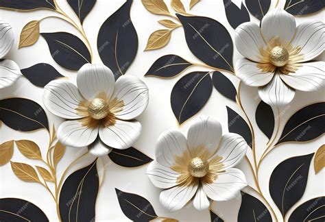 белая и золотая цветочная обои с белыми цветами и золотыми листьями ...