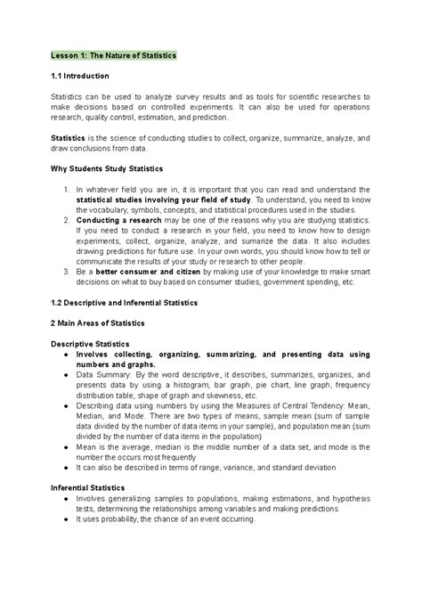 Advanced Statistics Notes - Lesson 1: The Nature of Statistics 1