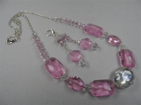 Pink And Clear Crystal Necklace And Earring Set In Silvertone Etsy