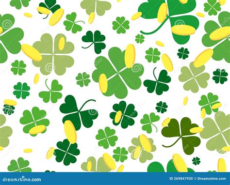 Seamless Pattern With Clover Leaves And Golden Coins Festive