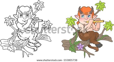 Cute Satyr Playing Flute While Sitting Stock Illustration 555805738