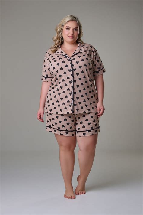 Conjunto Pijama Americano Curto 100 Algodão Adulto Feminino Plus Size NUDE CORAÇÃO PRETO
