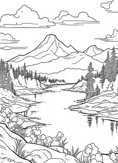 Premium AI Image | a drawing of a mountain lake with trees and ...