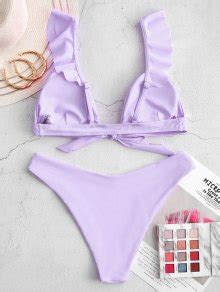 Zaful Neon Ruffled Knot High Cut Bikini Swimsuit In Light Purple