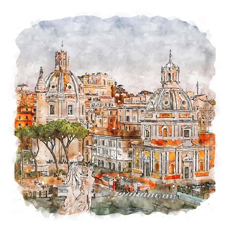 Rome Italy Watercolor Sketch Hand Drawn Illustration Vector