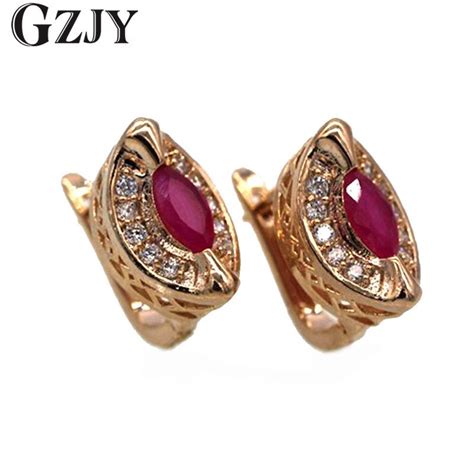 GZJY Luxury Ear Stud Earrings For Women Red Stone Cubic Zircon Charm