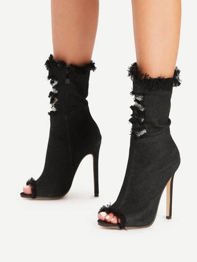 Peep Toe Raw Trim Denim Stiletto Boots Sheinsheinside