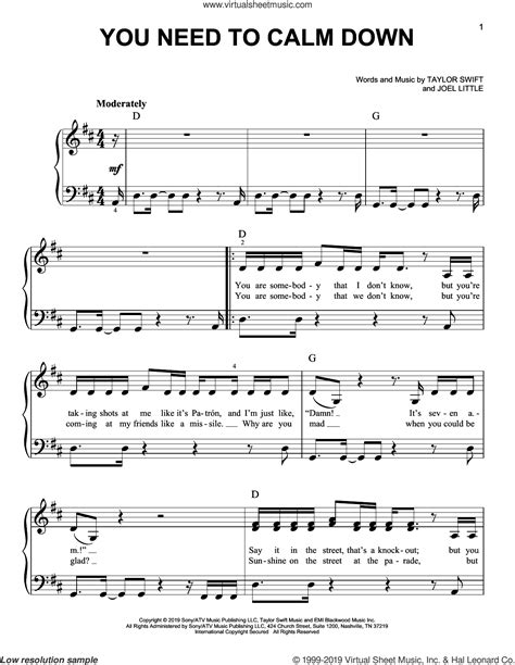 You Need To Calm Down Easy Sheet Music For Piano Solo Pdf