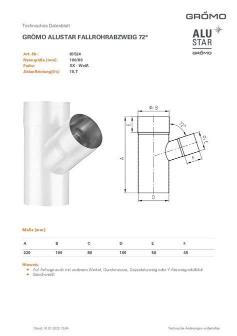 GRÖMO ALUSTAR Rohrabzweig Weiß 72 ø100 80 SX glatt 83524