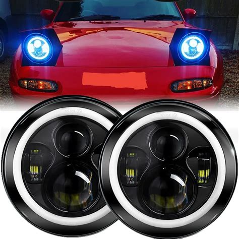 Fit 90 97 Mazda Miata MX 5 MX5 Car 7Inch Led Headlight Round Angel Eyes