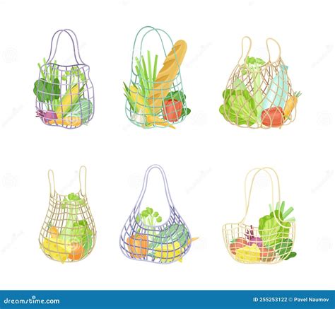 Eco Shopping With Net Reusable Bag Full Of Grocery Products Vector Set