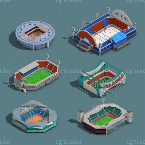 Low Poly Stadium Set Isometric Icon 3d Model In 2020 Low Poly Low Poly 3d Models Low Poly 3d