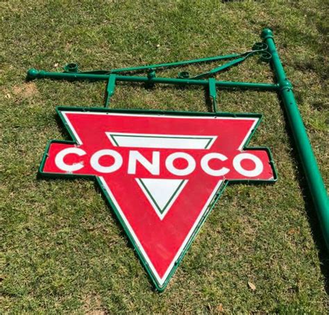 Original Porcelain Conoco Service Station Sign W Hanging Pole Old