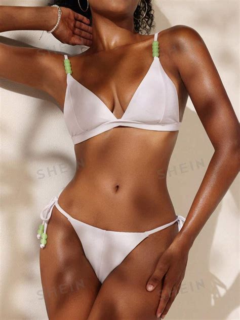 Shein Swim Basics Women S Beaded Decor Ribbed Swimsuit Set Bikini Outfit Beach Swimwear Bathing