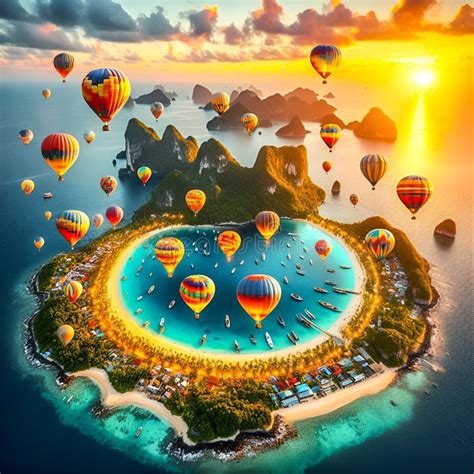 Hot Air Balloons Over Tropical Sea Stock Illustration Illustration Of