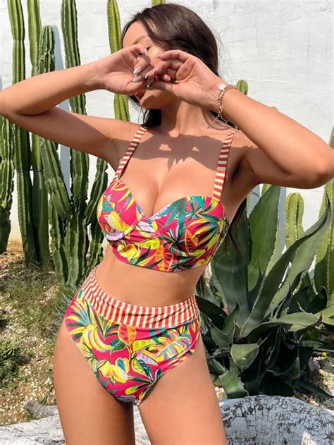 Tropical Print Push Up Bikini Swimsuit Shein Uk