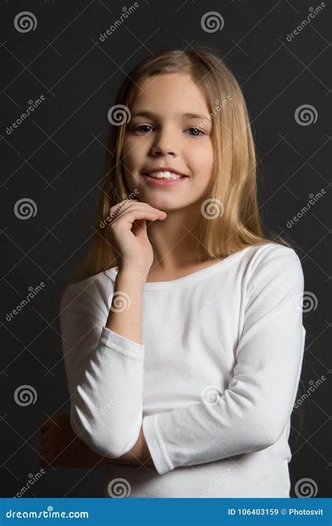 Girl Model Pose with Cute Smile and Long Blond Hair Stock Image - Image ...