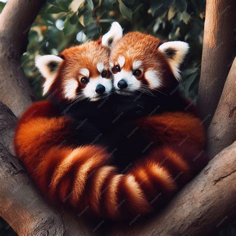 Premium Photo A Pair Of Red Pandas Cuddled Together In A Tree Red