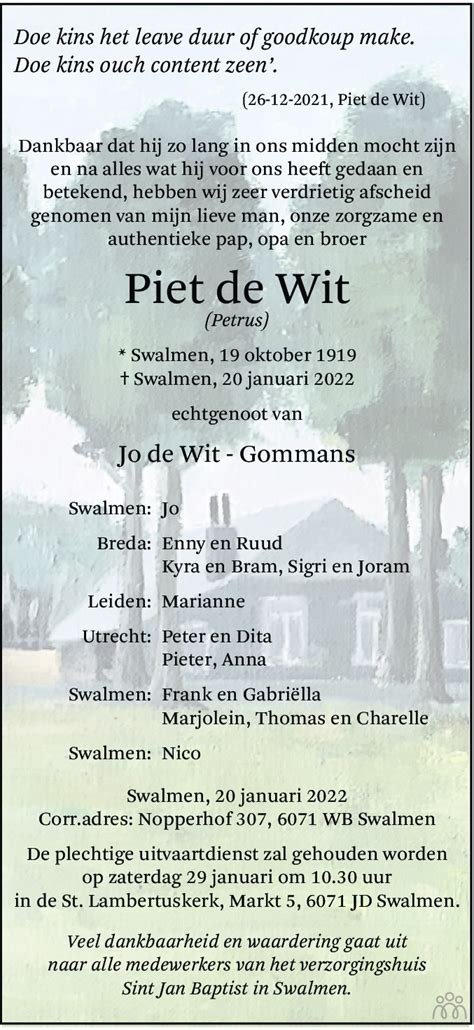 Piet Petrus De Wit 20 01 2022 Overlijdensbericht En Condoleances