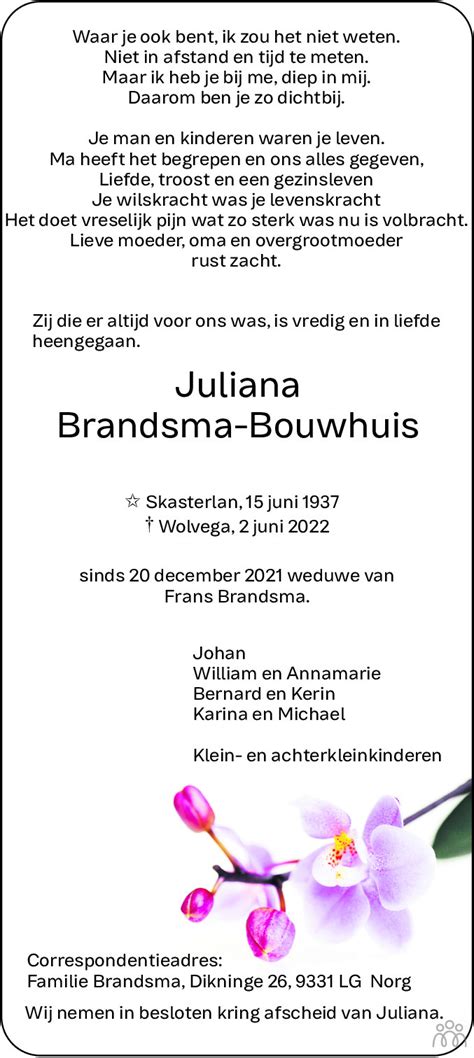 Juliana Brandsma Bouwhuis 02 06 2022 Overlijdensbericht En Condoleances