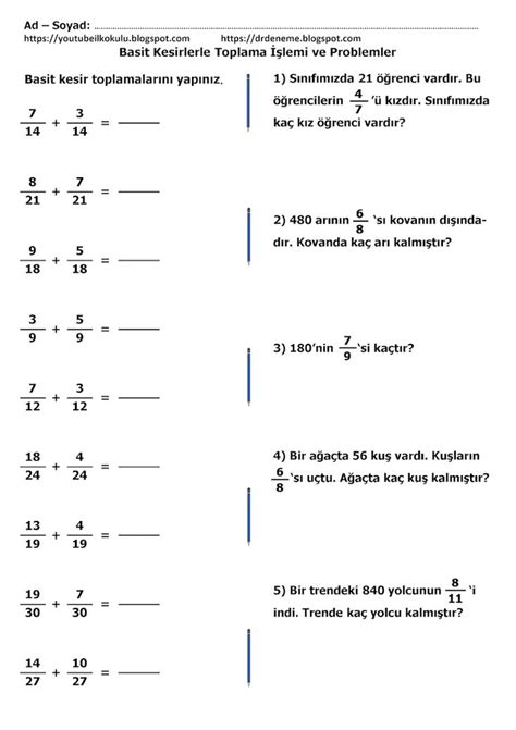 4 SINIF MATEMATİK ÇÖZÜMLÜ KESİRLERLE TOPLAMA İŞLEMİ PROBLEMLERİ 1