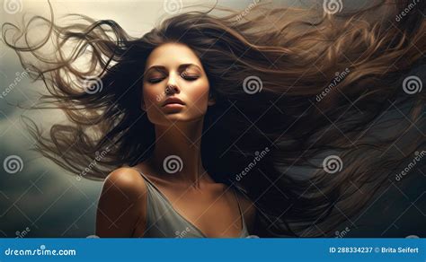 Portrait Of A Beautiful Brunette Woman With Long Curly Hair Flying In The Wind Stock