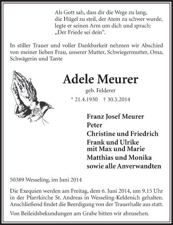 Traueranzeigen Von Adele Meurer Wirtrauern