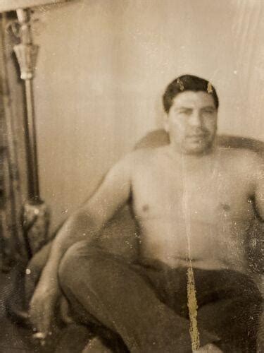 Large Shirtless Beefcake Smoking Chair Gay Int B W Vintage Polaroid Photograph