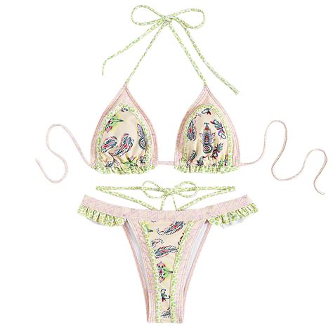 Lopeceal Women S Boho Floral Geo Print Tie Halter Frill Bikini Sexy Bathing Suit Walmart