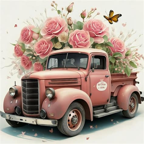 Premium Photo A Water Color Of A Pink Antique Ford Truck Filled With Chinese Rose Pussy Willow