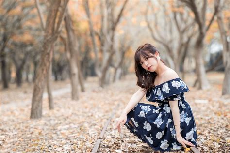 4K Asian Bokeh Trees Foliage Dress Brown Haired Glance Sitting