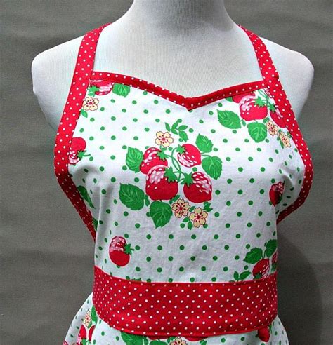 Ladies Apron With Sweetheart Neckline Strawberries And Dots Etsy