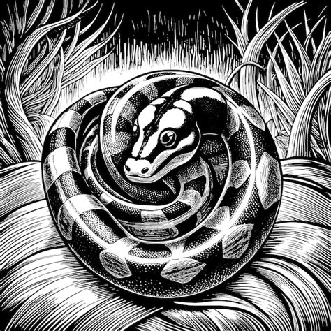 Un dessin en noir et blanc d un serpent avec un serpent dessiné dessus